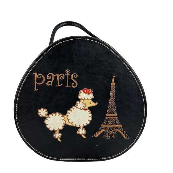 Vintage Paris Poodle Eiffel Tower Black Leather Embroider Hatbox Large Purse Bag - Picture 1 of 8